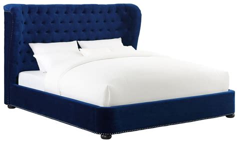 blue velvet platform bed.